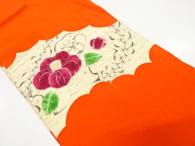 縮緬地　絞り　椿に藤模様　刺繍　名古屋帯